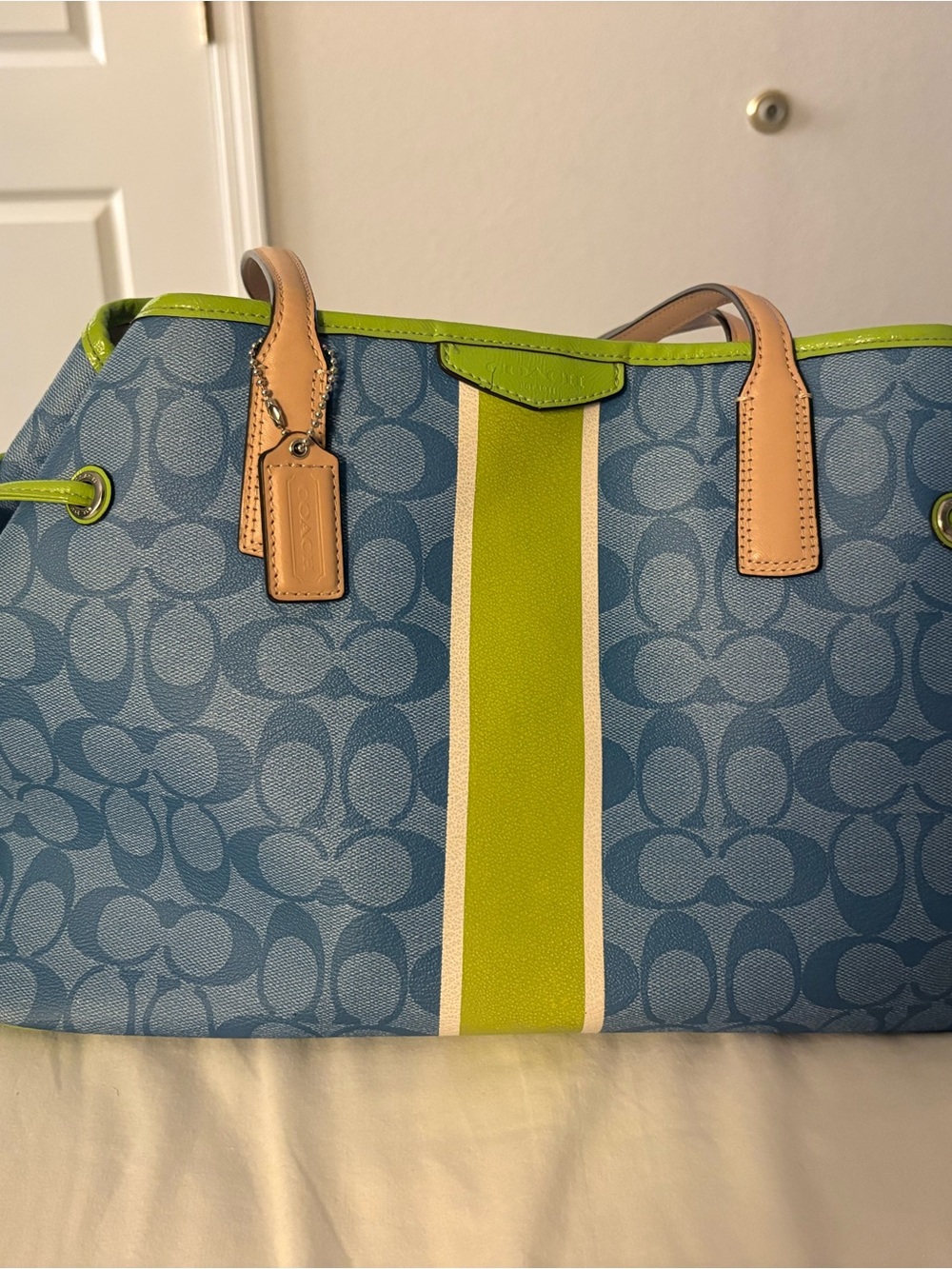 Coach Blue Signature Tote with Lime and Cream Center Stripe